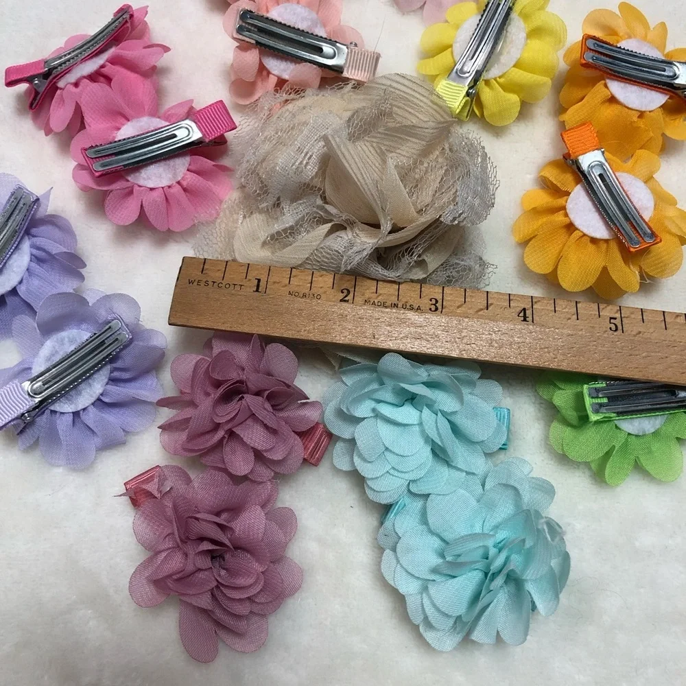 Lot Bundle Girls Pastel Chiffon Flower Hair Clip Barrette - 16 Total